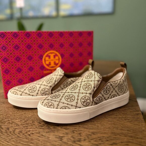 NWT!NEW!Tory Burch T Monogram Slip On Sneaker Leather /Jacquard Hazel Brown US 6 - Picture 2 of 9